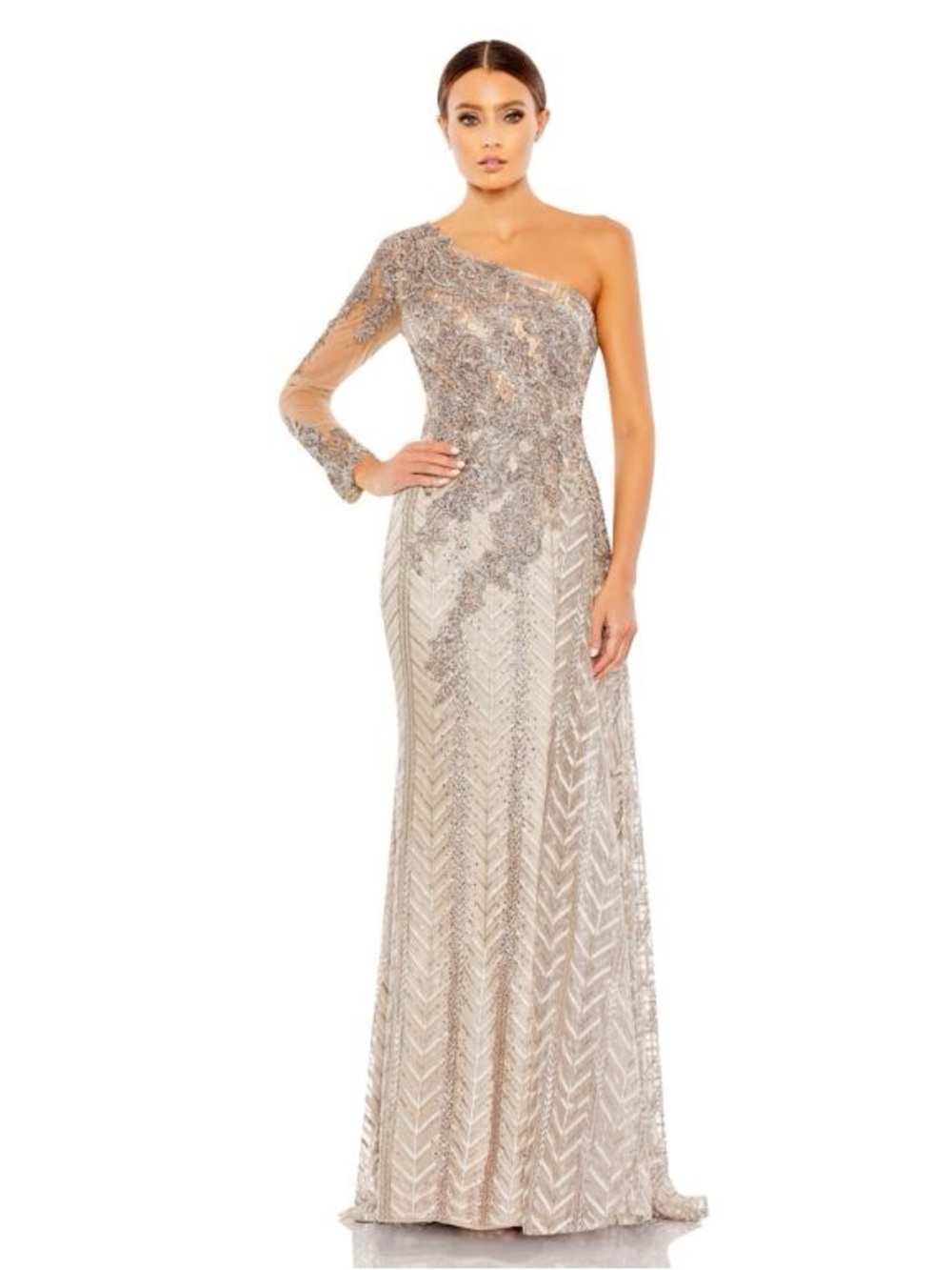 Mac Duggal 20401 Taupe Embellished One Shoulder A Line Gown Size 14 NWT